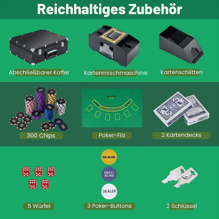 HOMASIS Pokerset Profi Deluxe 300/600 Laserchips, Alu Pokerkoffer mit 2/6 Kartendecks, 5 Würfeln, 3