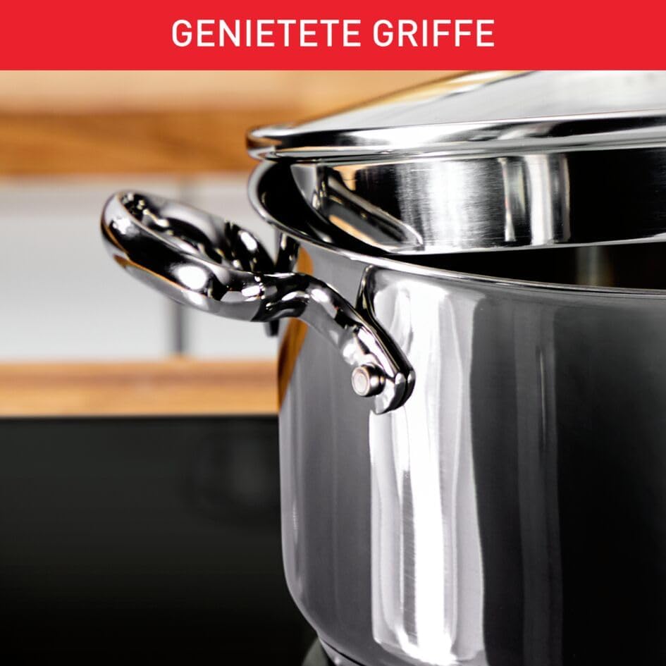 Tefal Duetto + 3 Töpfe 16/20/24 cm, 1 Stielkasserolle 16 cm aus Edelstahl, 3 Glasdeckel, Messmarkier