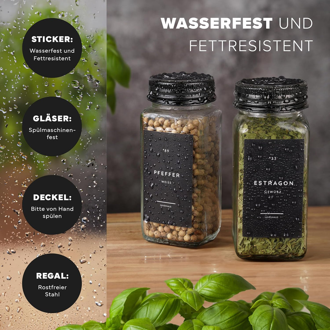 Havenhaus Gewürzregal Set schwarz | Gewürzregal stehend inkl. 24 Gewürzgläser+336 Gewürzetiketten de