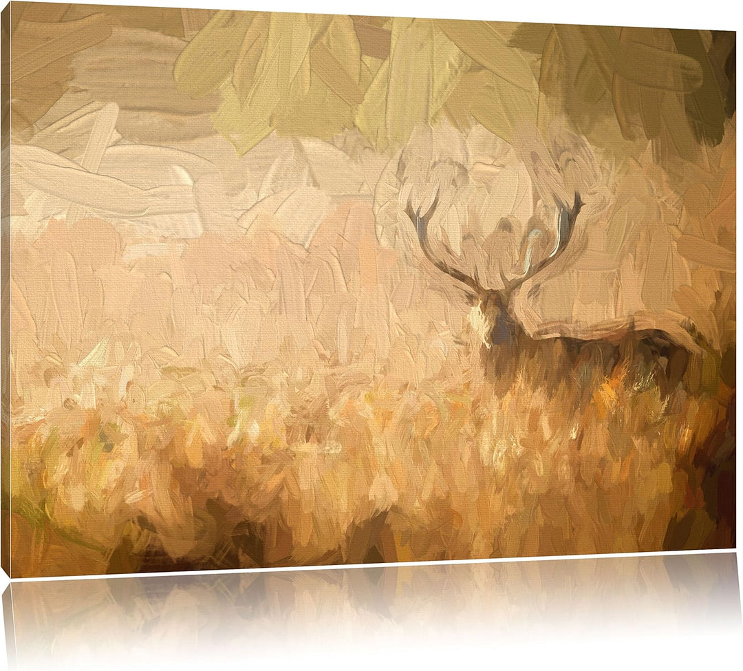 Pixxprint Rotwild Hirsch im Nebel Kunst Pinsel Effekt, Format: 100x70 auf Leinwand, 100x70