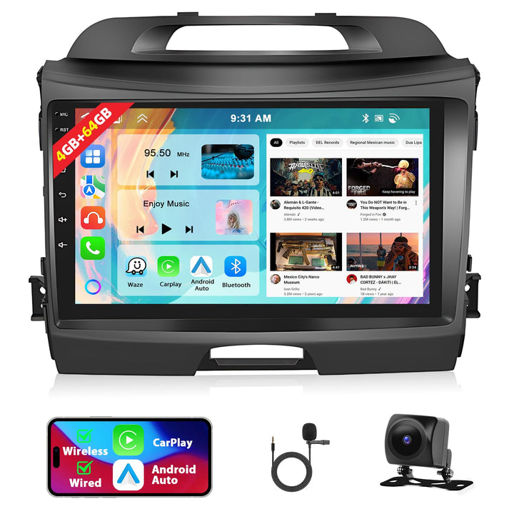 4GB+64GB Carplay Autoradio für Kia Sportage 2010-2016, 9 Zoll Android Radio mit Wireless Android Aut