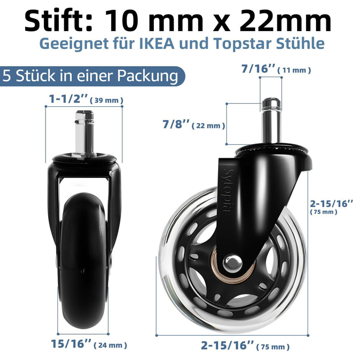 Sytopia Bürostuhl Rollen 10mm, 5er Set Rollen für Bürostühle, Super Leise und Weiche Hartbodenrollen