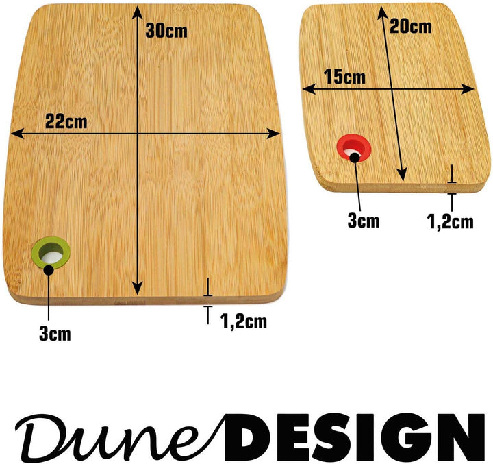 DuneDesign Massiv & Beständig: Farbcodiertes Schneidebrett Bambus 2er Set - 30x22cm Antibakterielles