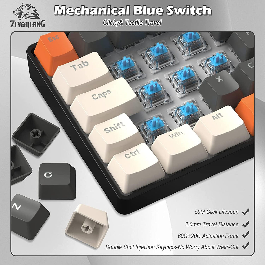 ZIYOU LANG T60 Wired Gaming-Tastatur mit Spiral USB-C Kabel - Kompakt 60% UK Layout(QWERTY) Mechanis