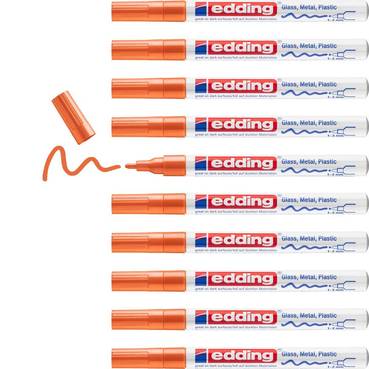 edding 751 Glanzlackmarker - orange - 10 Lackmarker - Rundspitze 1-2 mm - Lackstift für Glas, Stein,