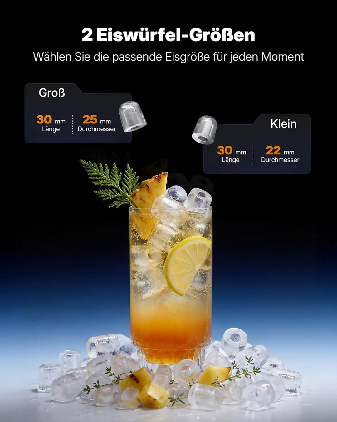 Upstreman Eiswürfelmaschine mit LED, 9 Eiswürfel in 6-8 Min, Eiswürfelmaschine Klein 2 Eisgrössen, D