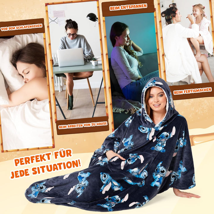 Disney Stitch Kapuzenpullover Damen Oversize Hoodie Decke mit Ärmeln Sherpa Weiche Warme und Komfort