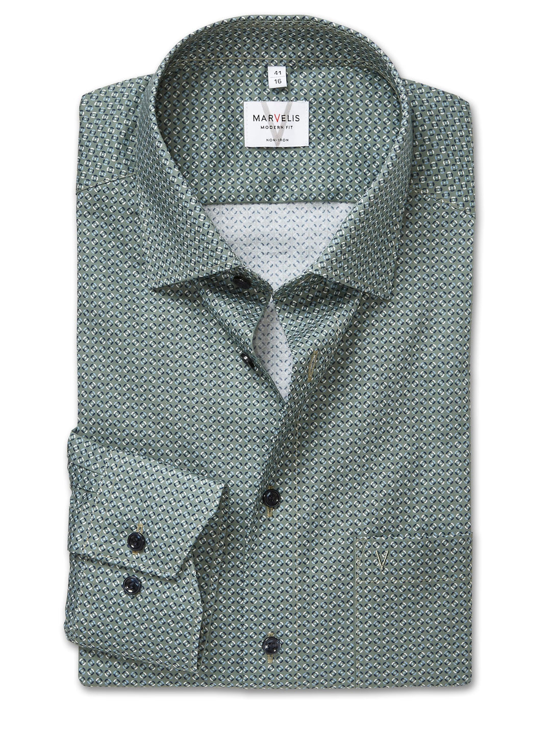 Marvelis Herren Businesshemd Langarm 722584,Rotationsdruck,Modern Fit,New Kent 43 Oliv 47, 43 Oliv 4