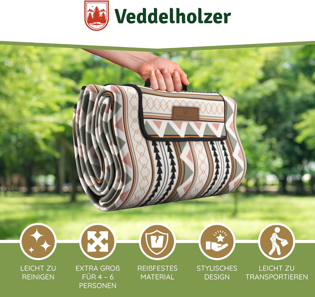Veddelholzer 200 x 200 cm Boho Picknickdecke wasserdicht, sandfeste Stranddecke XXL isoliert & gepol