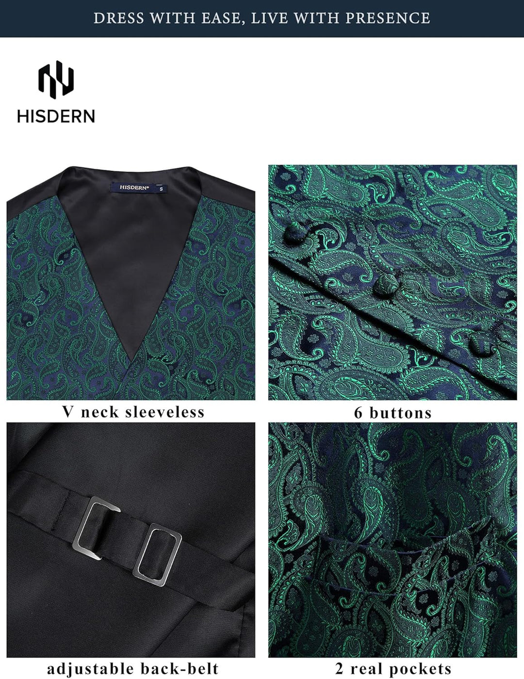 HISDERN Herren FLoral Hochzeit Weste Krawatte Einstecktuch Taschentuch Jacquard Weste Anzug Set S Gr