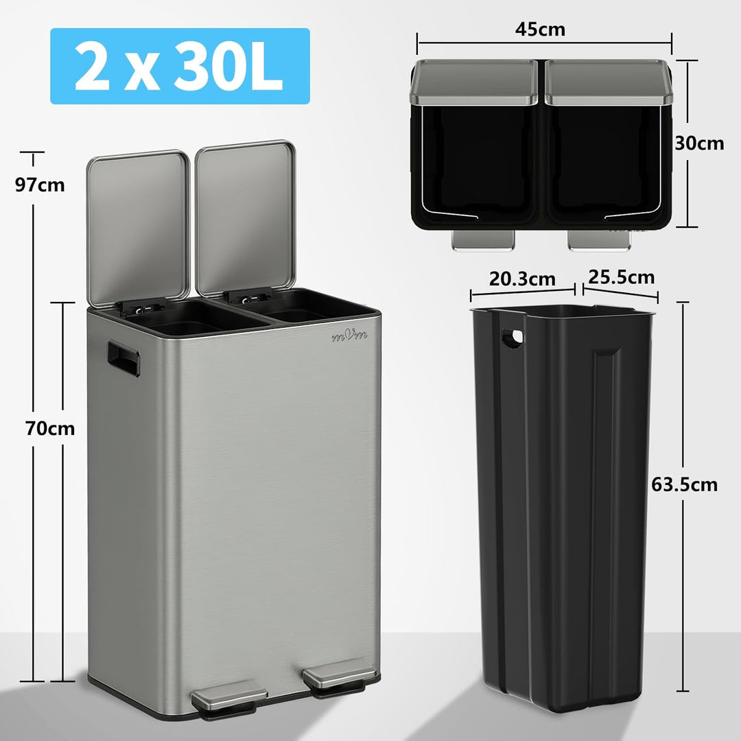 mVm Mülleimer Küche,60 Liter Treteimer,2x30L Doppelter Abfalleimer 2er-Mülleimer Mülltrennung mit In