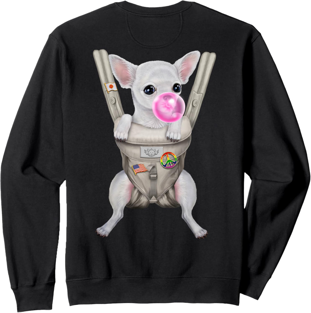 Weisser Chihuahua-Hund mit Kaugummi in der Babytrage Sweatshirt