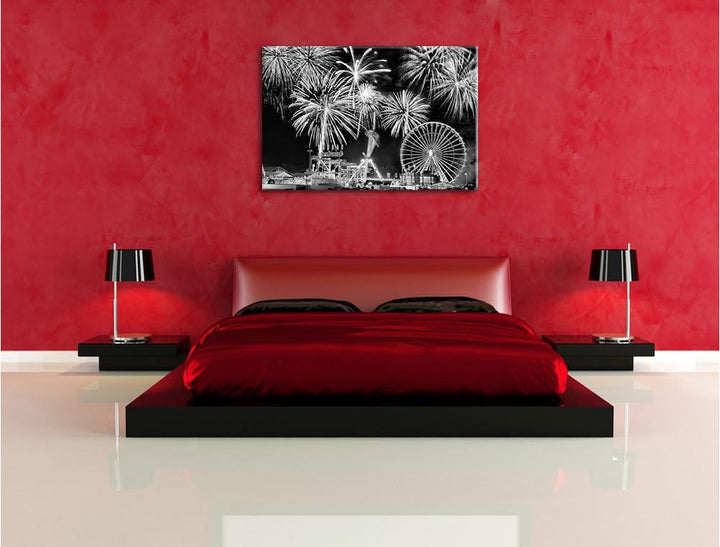 Pixxprint Monocrome, Silvester Riesenrad, Feuerwerk, Format: 100x70 auf Leinwand, 100x70