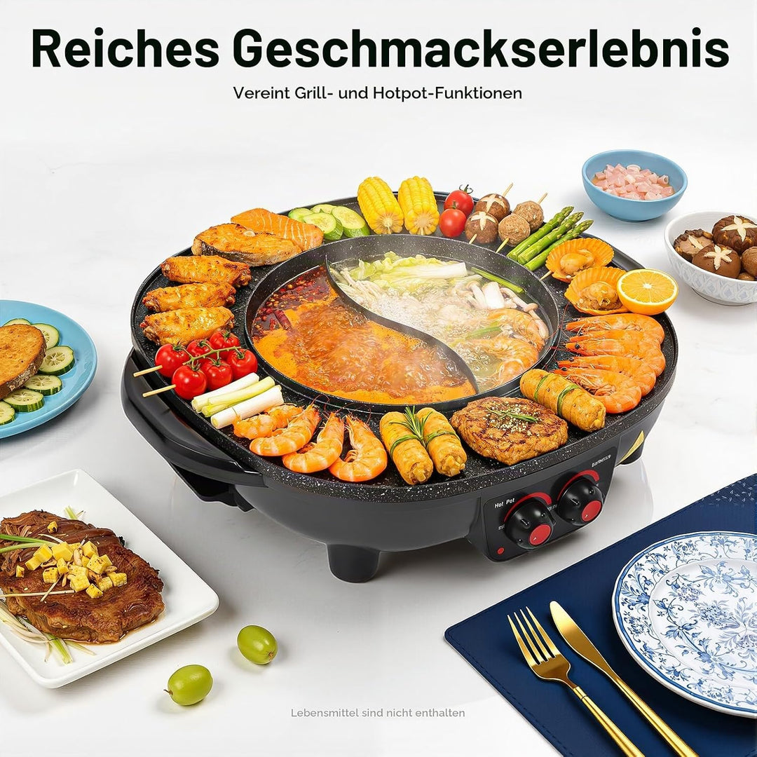 2-in-1-Grill-Hotpot, Multifunktionaler elektrischer Hotpot, Elektrischer Grill mit Grossem Fassungsv