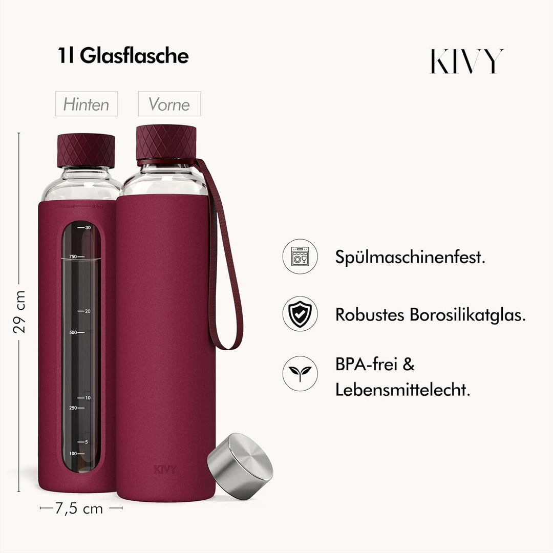 KIVY Glas Trinkflasche 1l mit Silikonschutz [KOHLENSÄURE GEEIGNET] Glasflasche 1 Liter - Wasserflasc