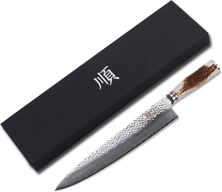 Sunlong Japanisches Kochmesser – 12-Zoll-Küchenmesser – Rasiermesserscharfes Messer – Damaststahl –