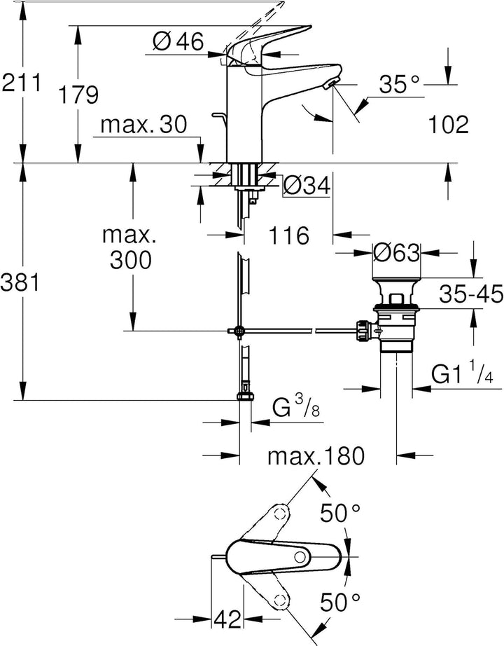 GROHE Swift - Waschtischarmatur (wassersparend, ~18cm hoch, Mittelstellung kalt, inkl. Montagewerkze