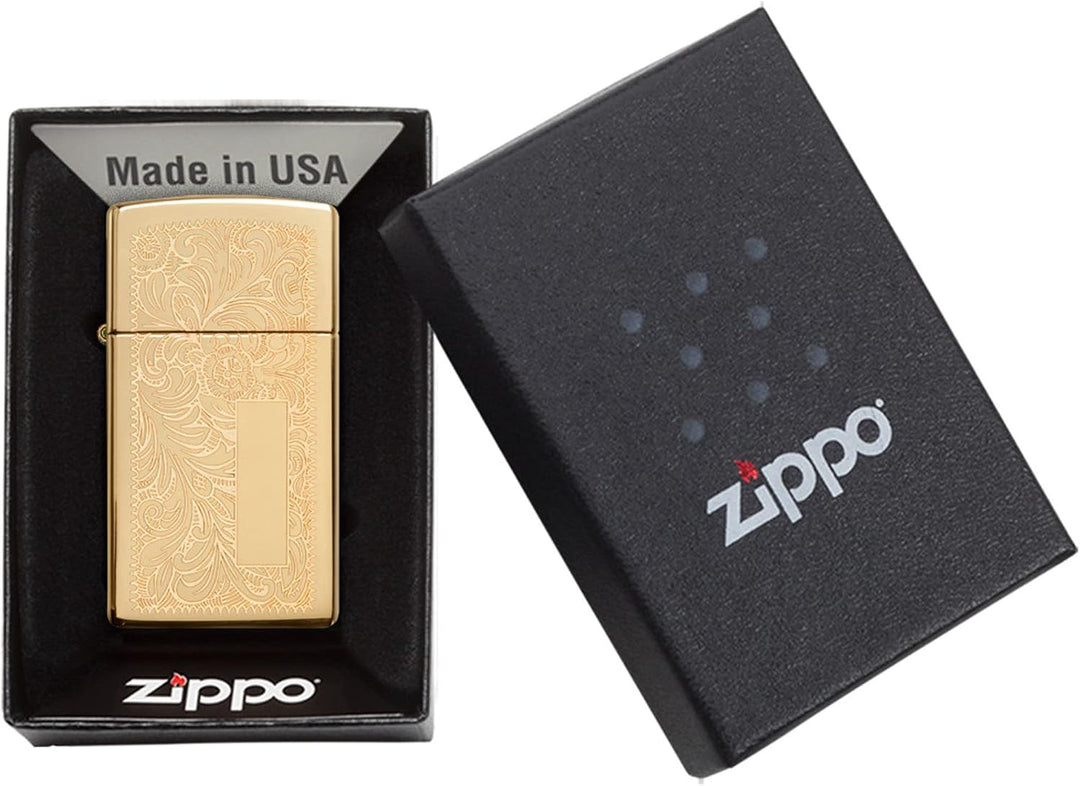 Zippo Sturmfeuerzeug - Venetian Brass Slim, High Polish Brass, Lustre - Nachfüllbar - Wiederverwendb