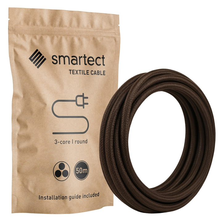 smartect Textilkabel 3-Adrig (3 x 0.75 mm²) Braun, 50 Meter | Vintage Lampenkabel Stoff, Stromkabel