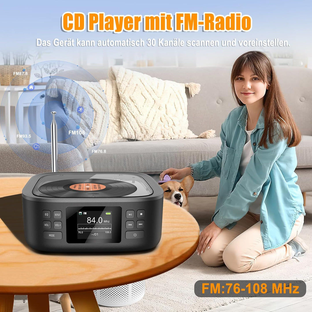 CD Player Tragbar, CCHKFEI Boombox CD Player Bluetooth & Radio FM mit Dual Stereo Lautsprecher LED-B