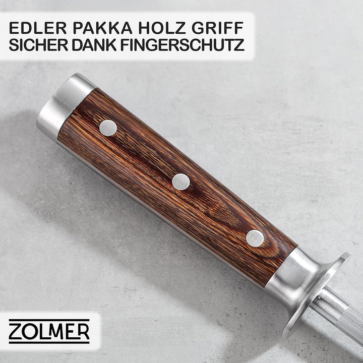 ZOLMER® Wetzstahl - Messerschärfer aus gehärtetem Stahl - Wetzstab mit komfortablem Griff aus Pakka