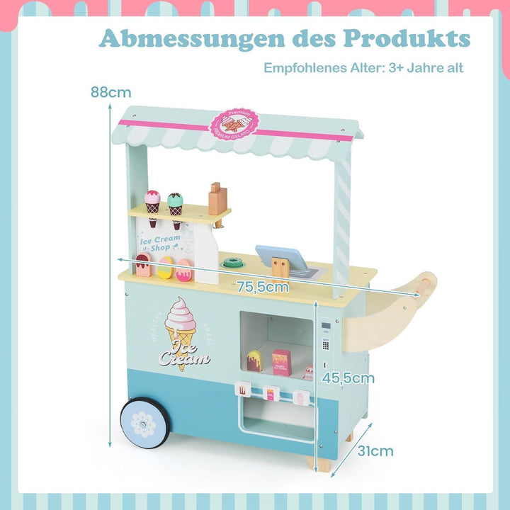 FANTASK Grün Eiswagen Kinde Kaufladen Holz mit 15 Zubehör & Eismaschine & Kasse & Scanner & Verkau,