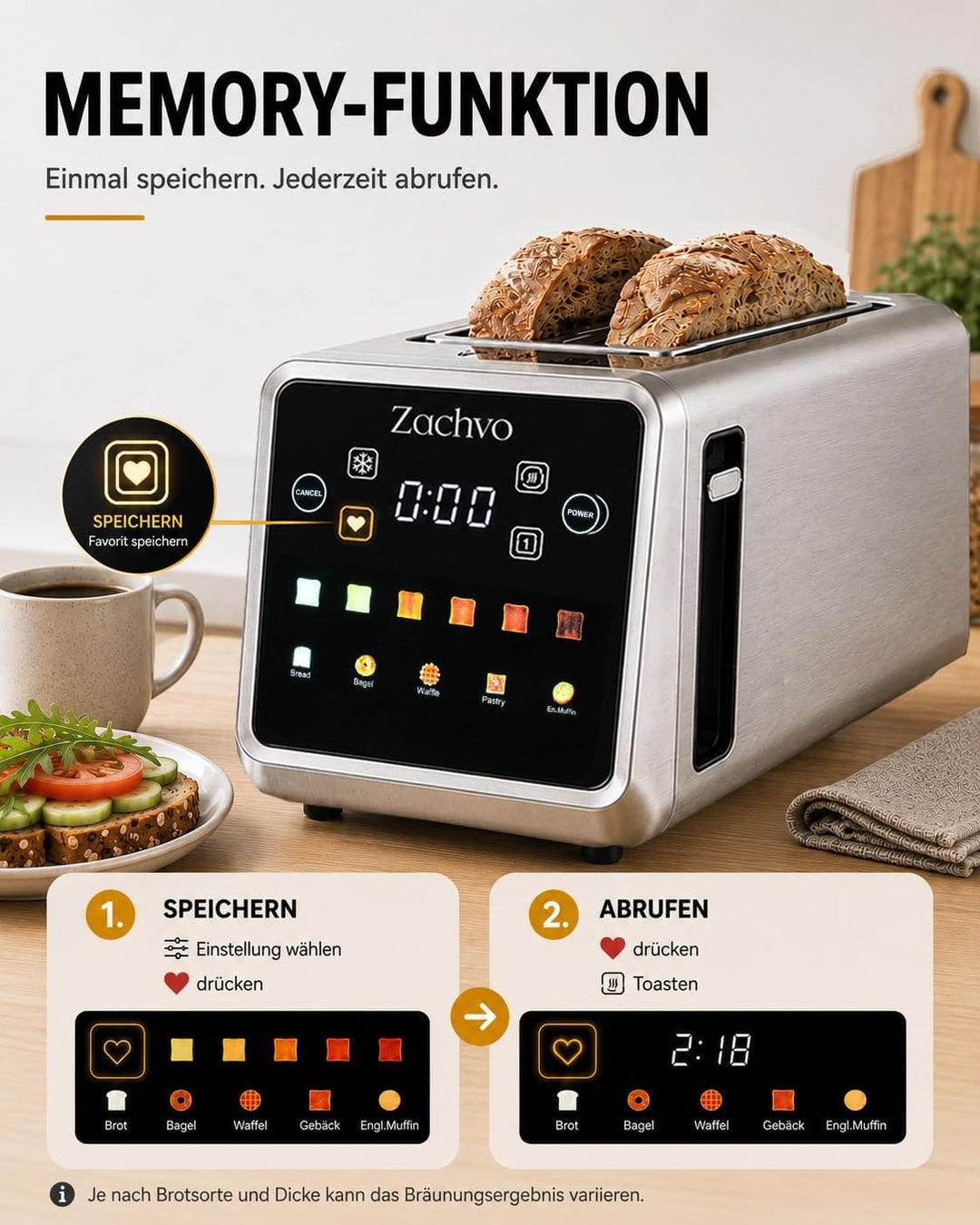 4 Scheiben Langschlitz Toaster Edelstahl, Smart Touchscreen mit LED-Countdown, Memory-Funktion, 6 Br