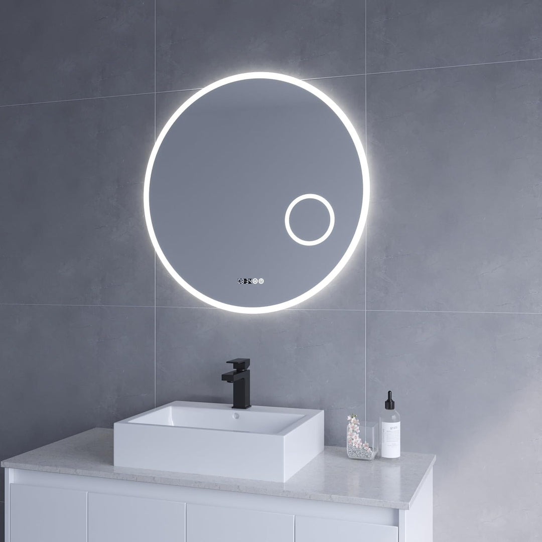 Runder LED Badspiegel 80cm Uhr Rundspiegel mit hinterleuchteter Beleuchtung und integrierten Kosmeti