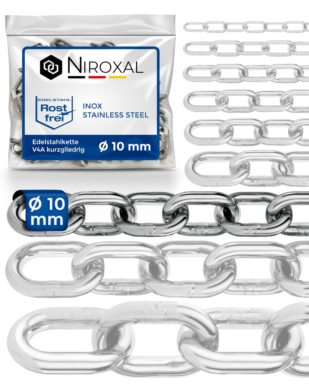 100cm = 1 meter 10mm starke Metallkette Meterware V4A Schaukel Ketten kurzgliedrig am Stück Eisenket