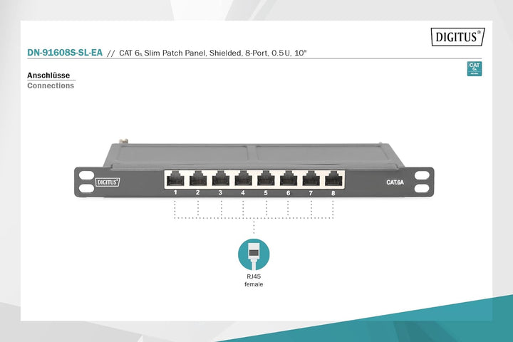 DIGITUS CAT 6A Patch Panel, geschirmt,8-Port 1/2HE, 10", Rack Mount,schwarz RAL 9005, DN-91608S-SL-E