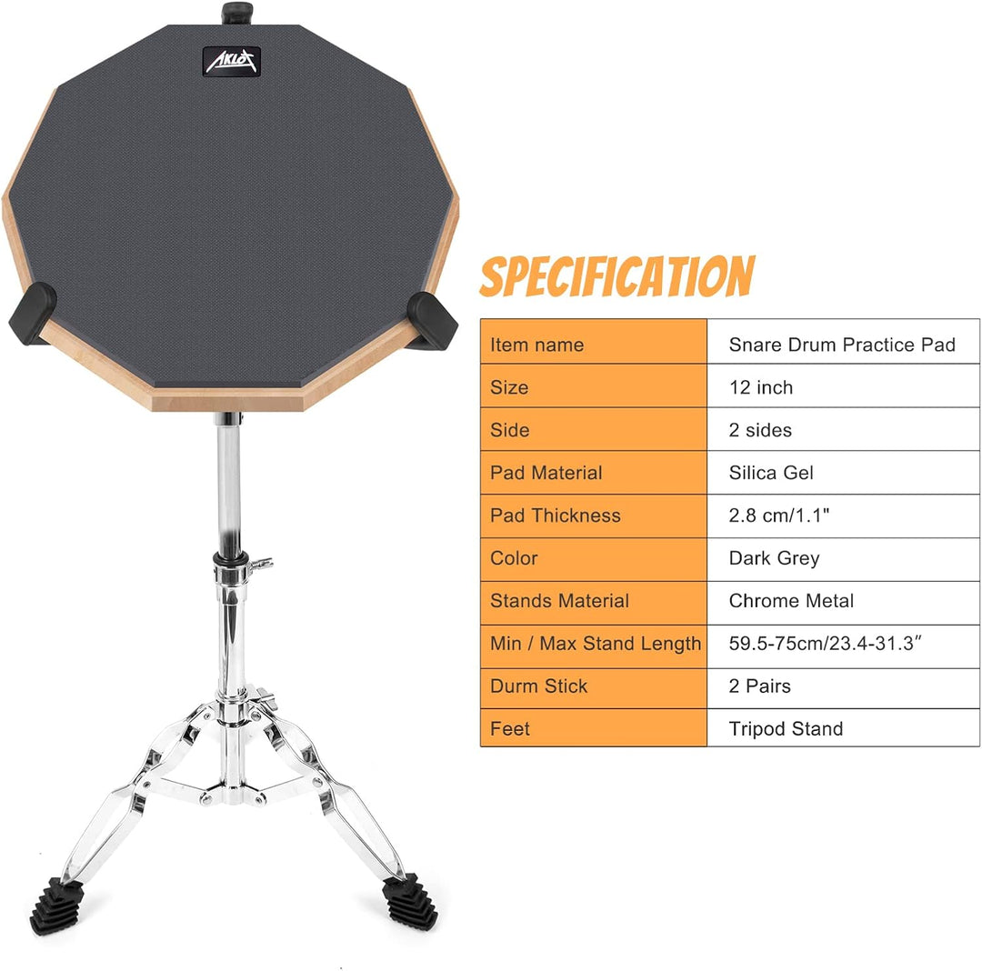 Drum Practice Pad Set AKLOT 12" Kieselgel Übungspad mit Snare Ständer Rucksack Drumsticks für erwach