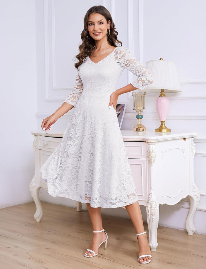 Dressystar Damen Elegant Spitzenkleid V-Ausschnitt Cocktailkleid Hochzeit Midi Abendkleider XXL Weis