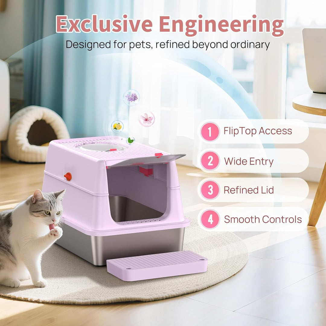 XXL Katzentoilette Edelstahl (V2A) - 3-in-1 Geschlossenes Katzenklo mit 160° Klappdeckel & Geruchsfi