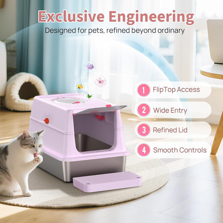 XXL Katzentoilette Edelstahl (V2A) - 3-in-1 Geschlossenes Katzenklo mit 160° Klappdeckel & Geruchsfi