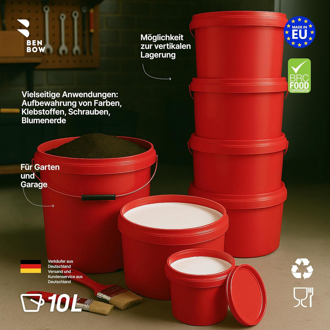 BenBow Eimer mit Deckel 10l rot 20x 10 Liter - lebensmittelecht, stabil, luftdicht, auslaufsicher, g