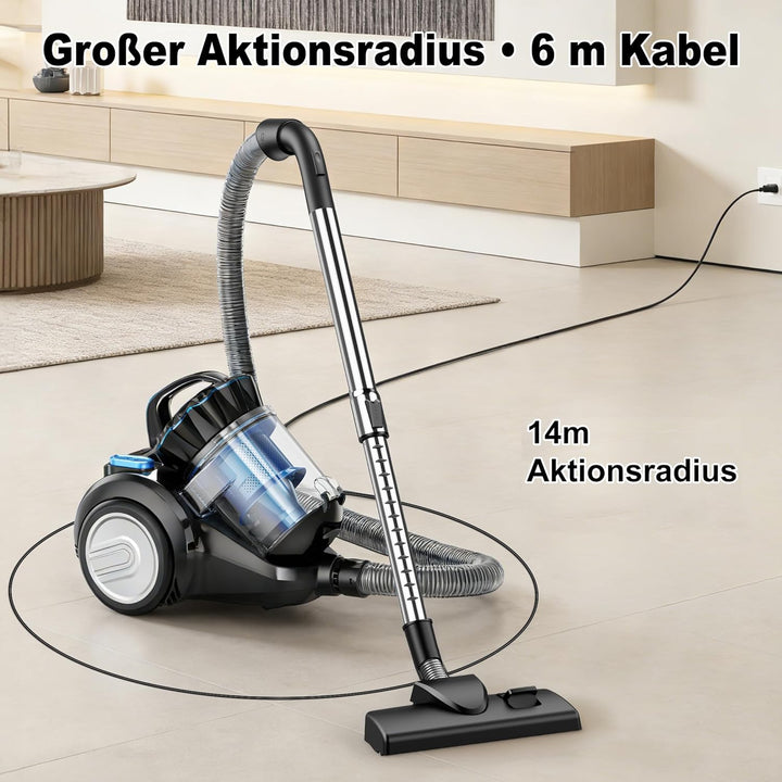 Staubsauger Beutellos 800 W, 60 dB Leise, Zyklon-Technologie, 2,2 L Staubbehälter, 6 m Kabel – für H