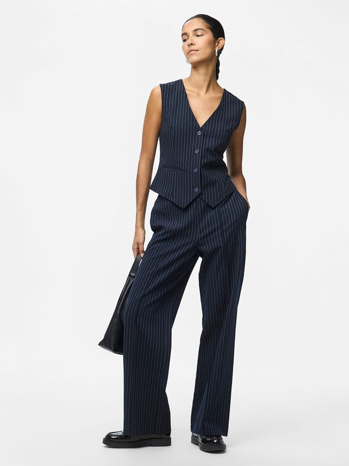 PIECES Damen Pcbozzy Hw Wide Striped Pants Noos Bc Hose, Blau