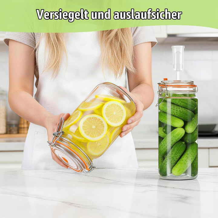 2 Stück Fermentierglas,1300ml Fermentationsglas mit Deckel, Einmachglas mit Gärventi &amp; Gewicht, Ferm