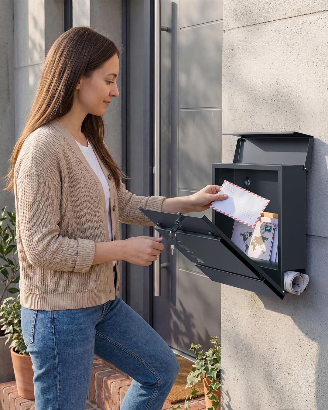 SONGMICS XL Briefkasten, Postkasten mit Zeitungsfach, 9,5 x 29 x 31 cm, Aufkleber gegen unerwünschte