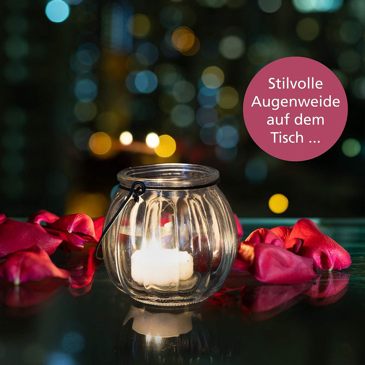 WeddingTree 12 x Windlicht Glas mit Bügel und Dekoband weiss - Teelichtgläser - Einfach Abnehmbarer