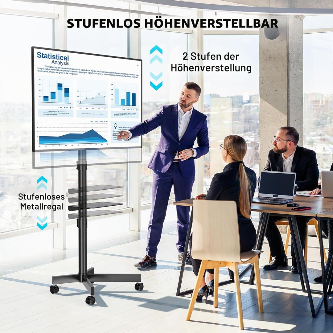 BONTEC Mobiler TV Ständer auf Rollen, Neigbar, Höhenverstellbarer Rollbarer TV Wagen mit Medienablag