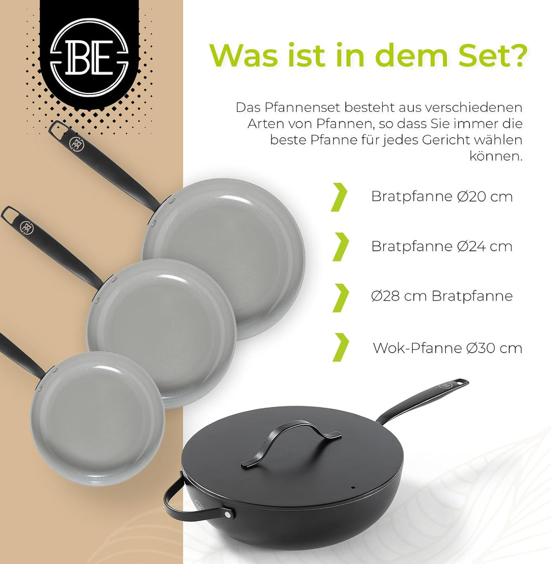 Be Living Essential Pfannenset 4-teilig, Bratpfanne 20/24/28 cm + Wokpfanne 28 cm mit Deckel, Non St