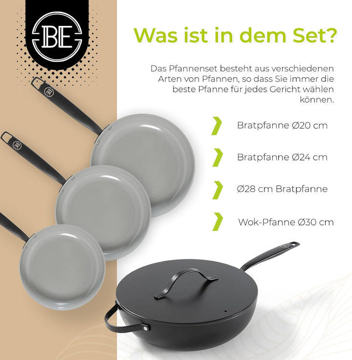 Be Living Essential Pfannenset 4-teilig, Bratpfanne 20/24/28 cm + Wokpfanne 28 cm mit Deckel, Non St