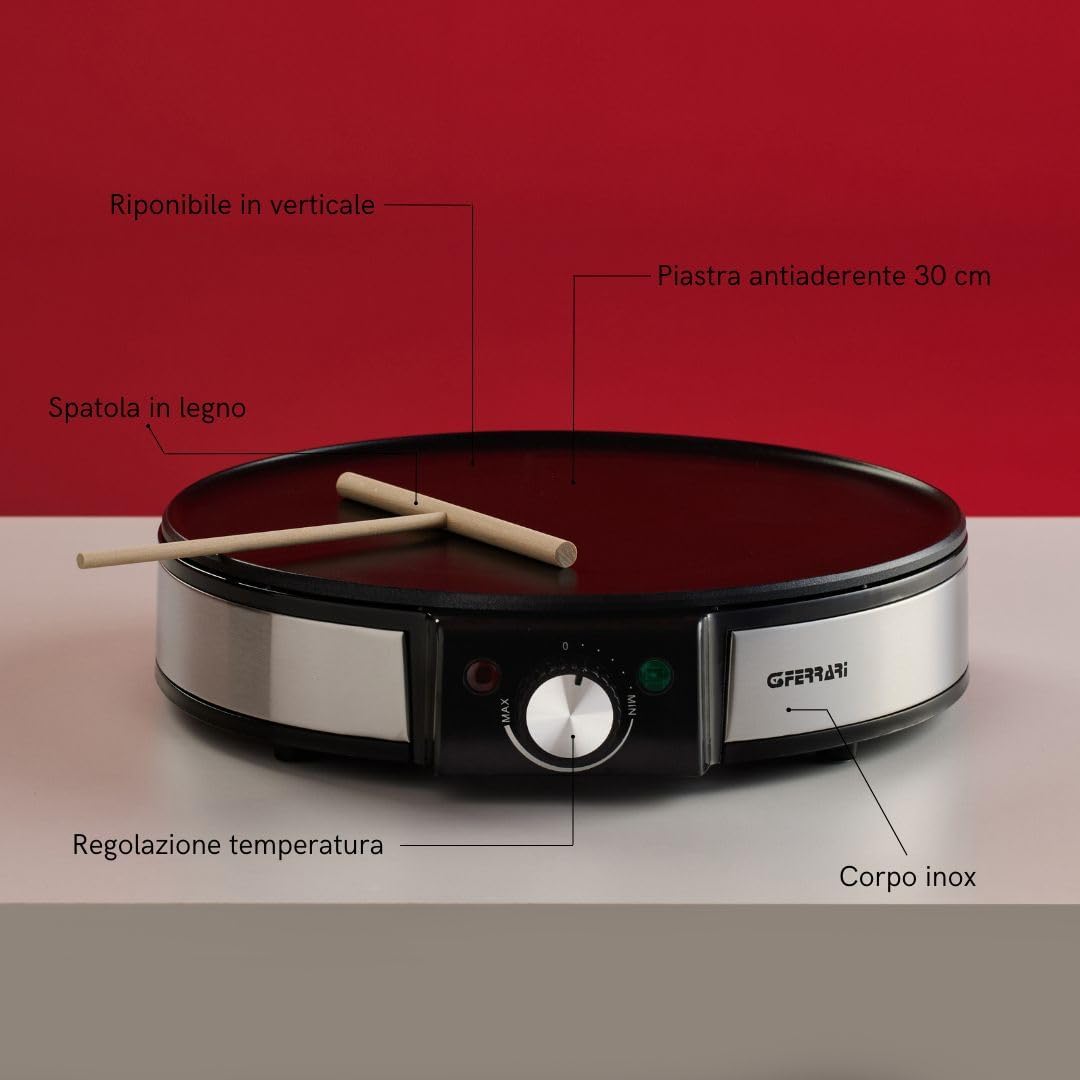 G3 Ferrari G10098 Profi-Crepe-Pfanne aus Edelstahl, Temperaturregelung, Durchmesser 30 cm, 1200 W
