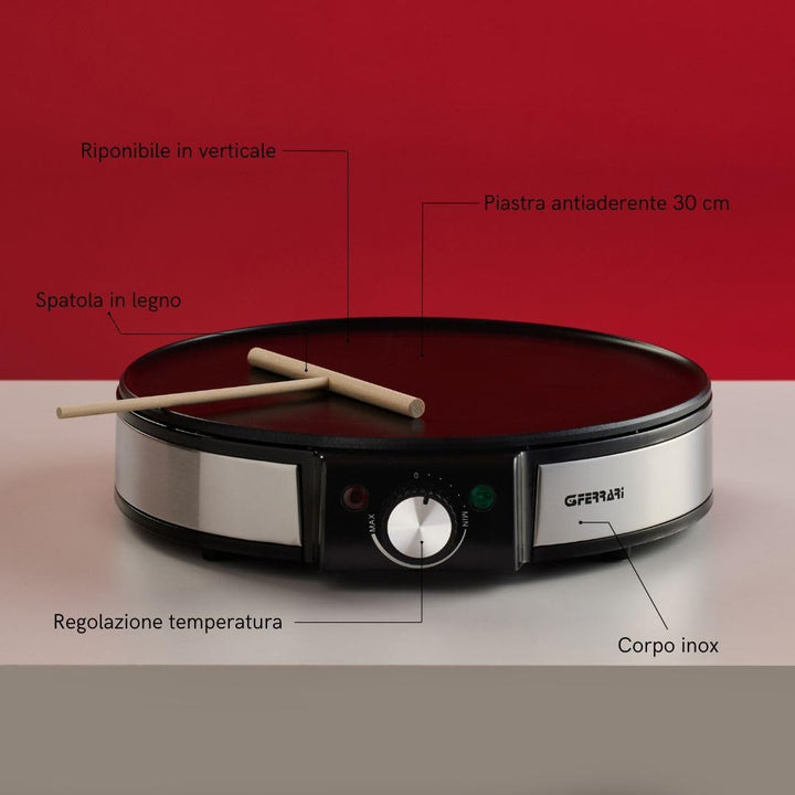 G3 Ferrari G10098 Profi-Crepe-Pfanne aus Edelstahl, Temperaturregelung, Durchmesser 30 cm, 1200 W