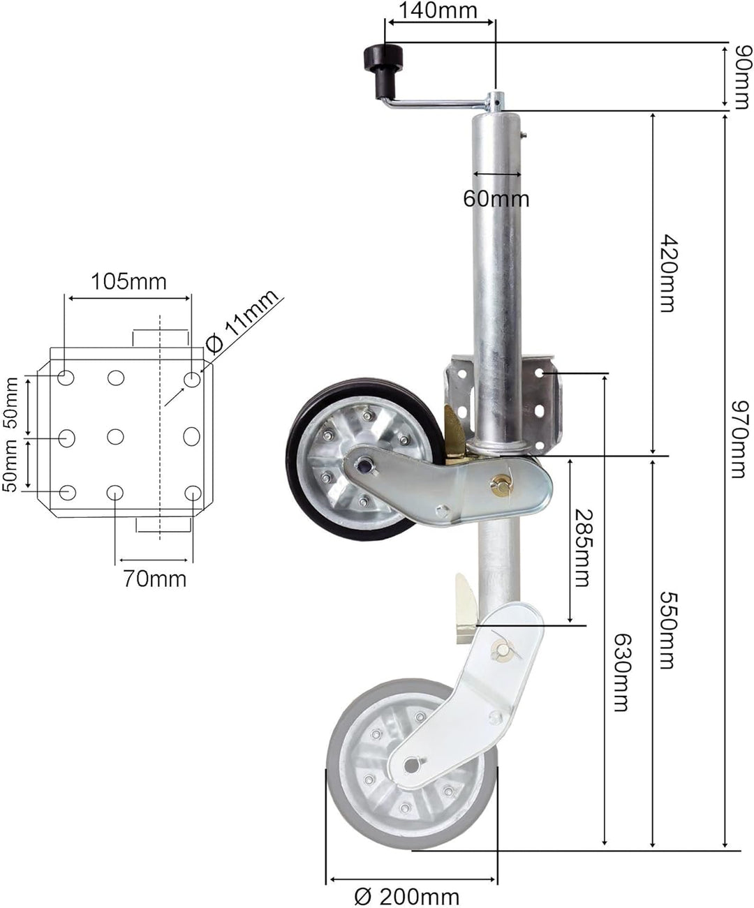The Drive | Anhänger Stützrad 500KG | vollautomatik | Ø 60mm Rohr mit Anbauflansch | inkl. Anbausatz