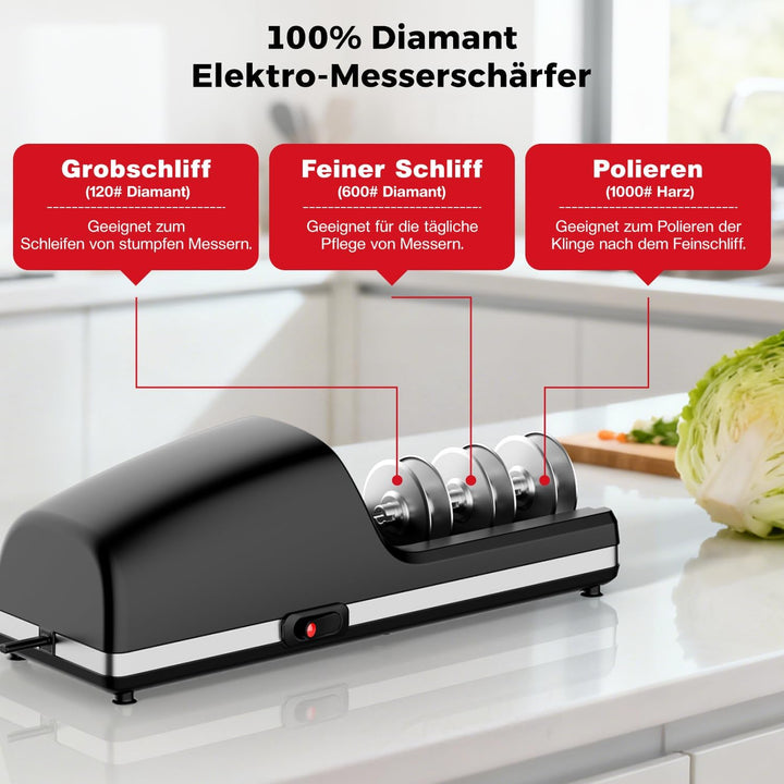 Professioneller Elektrischer Messerschärfer | Austauschbare Schleifköpfe | 100% Diamant-Schleifmitte