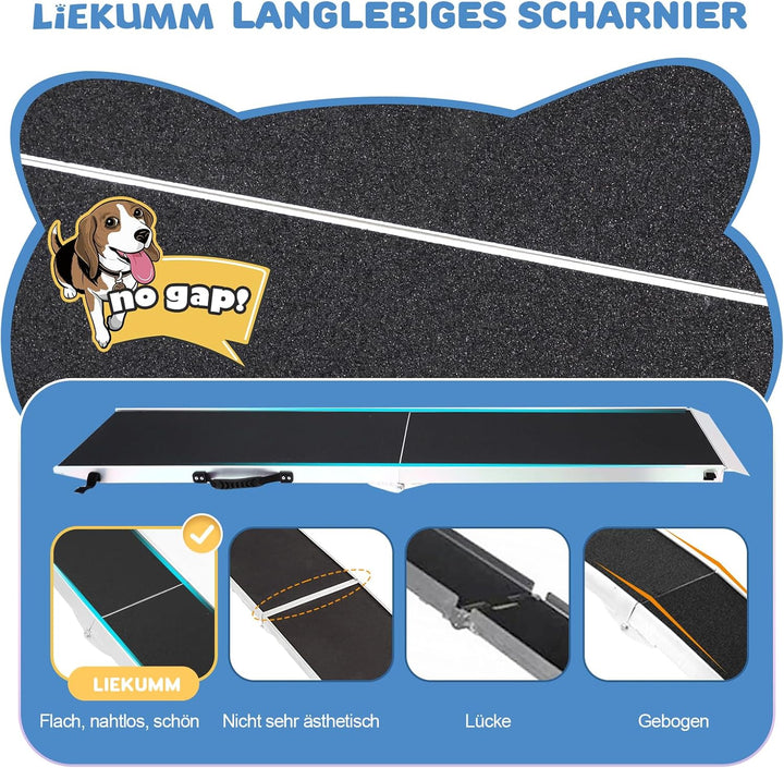 LIEKUMM Hunderrampe Klappbar, 180 kg Tragkraft Aluminium Rampe Hund, 184,5 x 38 cm Hundetreppe für K
