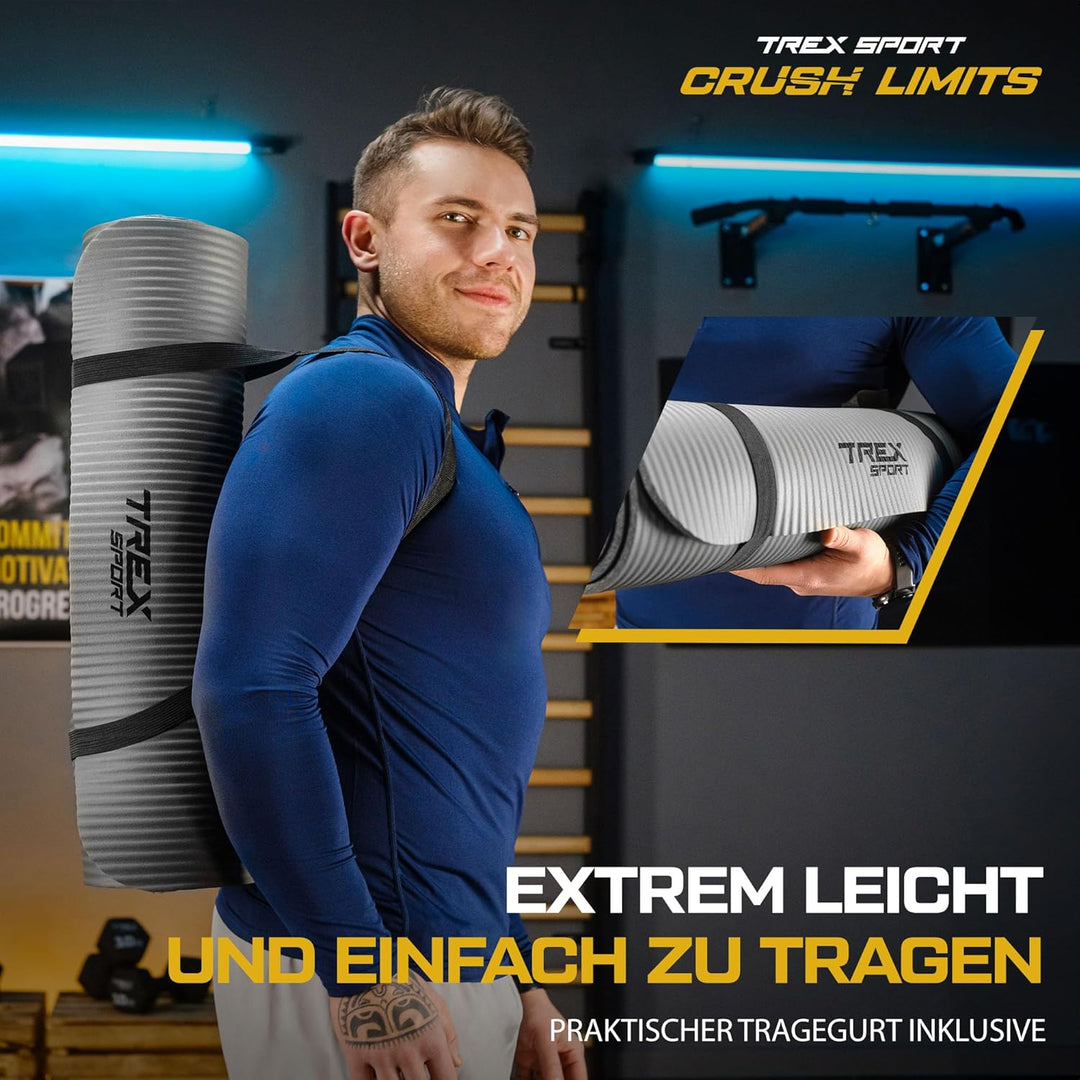 TREX SPORT Gymnastikmatte extra dick und weich | Fitnessmatte 180x60x1cm mit Tragegurt | Yogamatte r