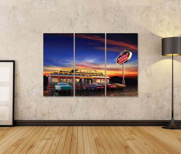 islandburner Bild auf Leinwand Retro American Diner In Der Abenddämmerung Wandbild Poster Kunstdruck
